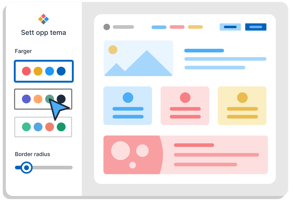 Designskisse av en nettside som viser hvordan designsystemet kan tilpasses ulike identiteter.